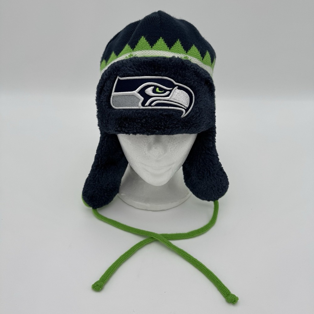 Seattle Seahawks New Era Trapper Hat Navy Green Ear Flap Winter NFL
